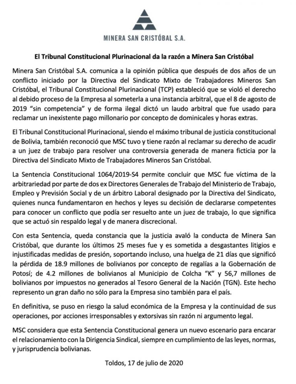El comunicado de la empresa