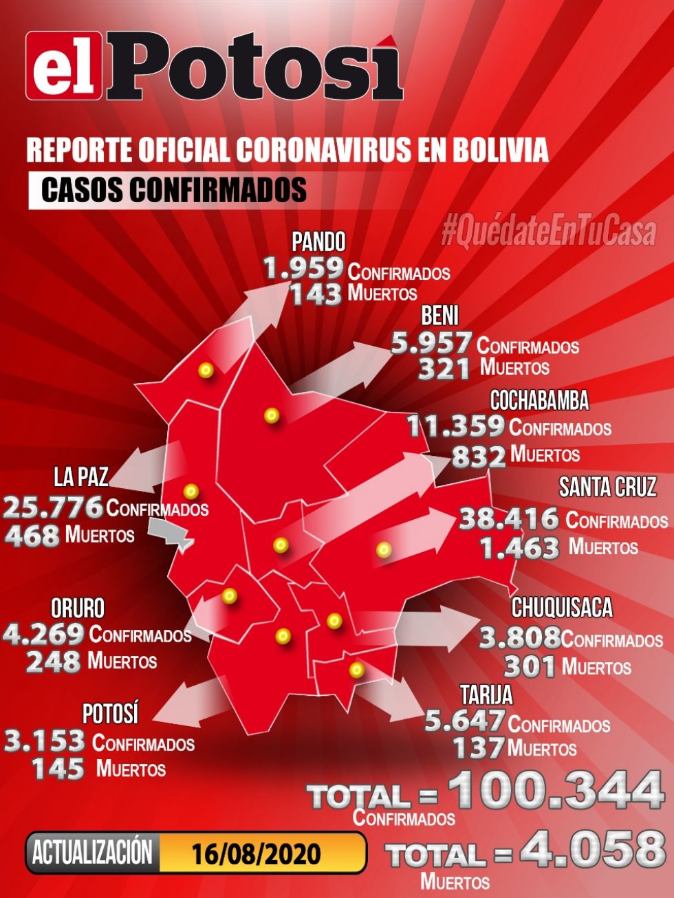 Mapa del #coronavirus en #Bolivia el 16 de agosto  de 2020
