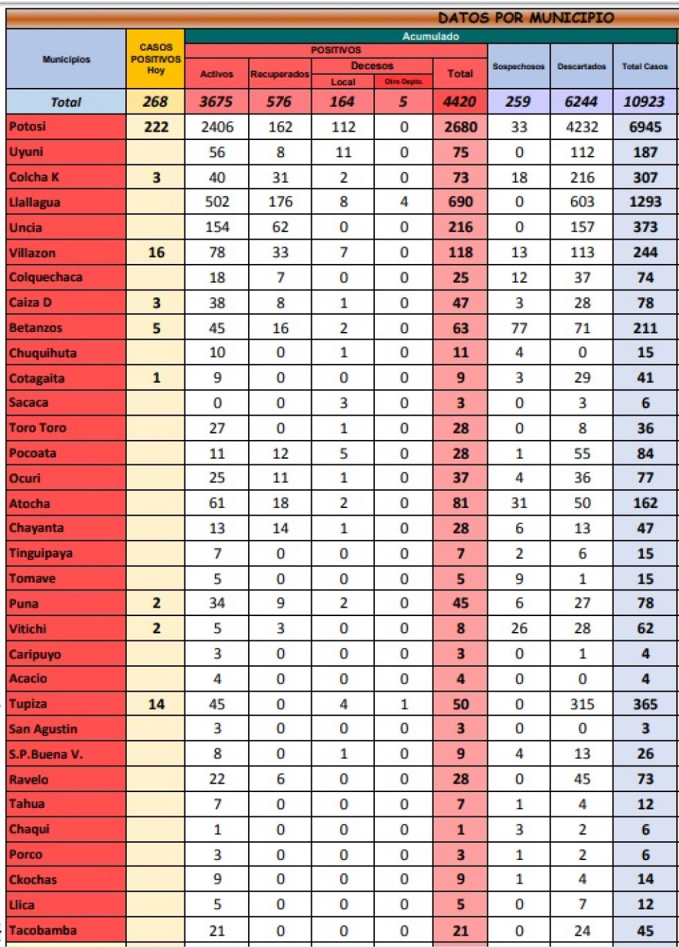 Reporte departamental del Sedes Potosí