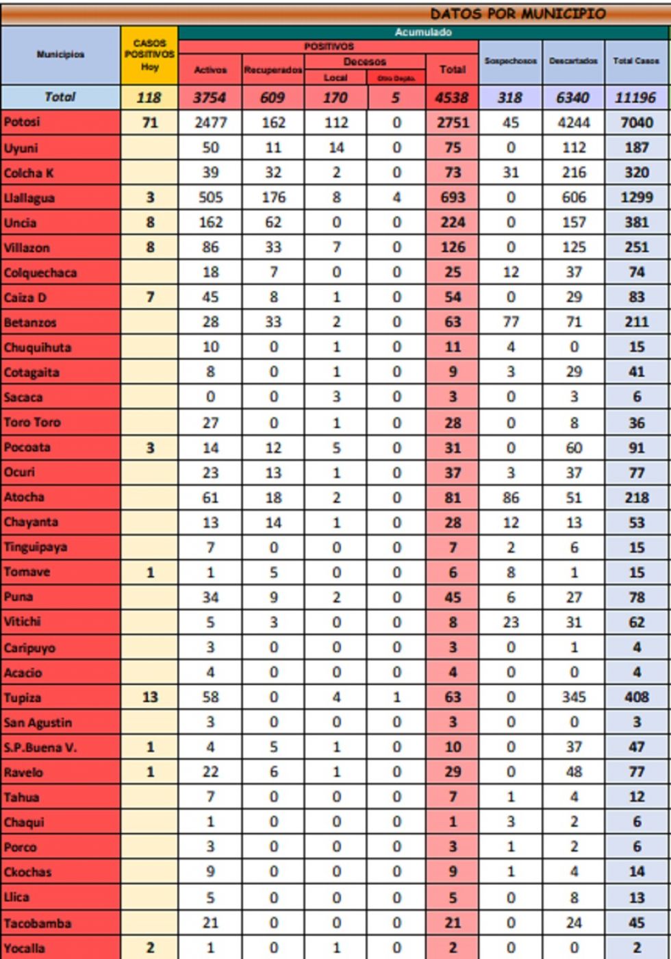 Reporte departamental del Sedes Potosí