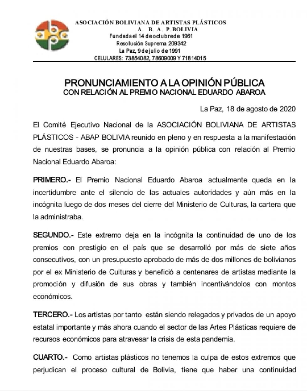 Pronunciamiento del sector artístico