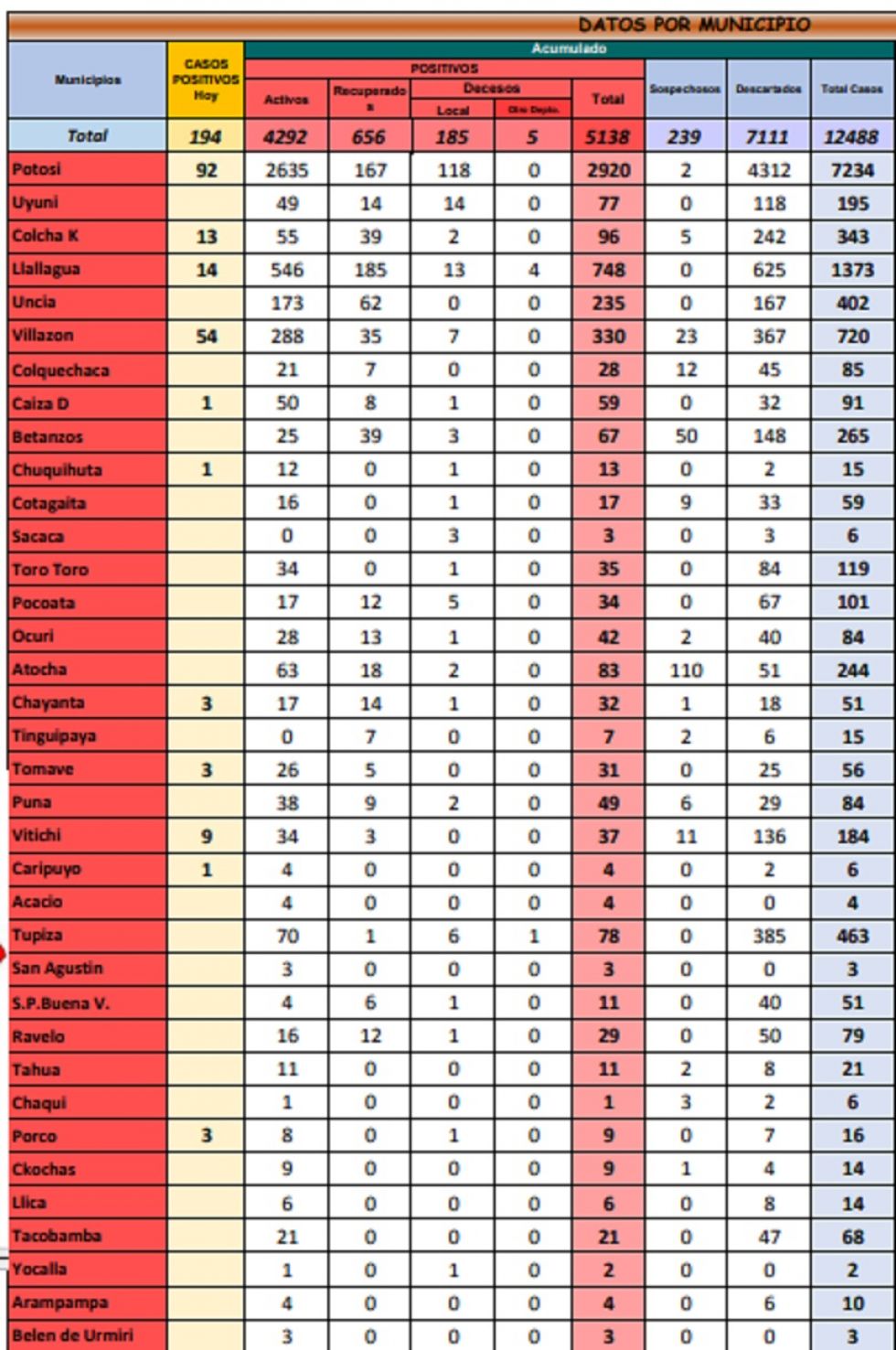 Reporte departamental del Sedes Potosí