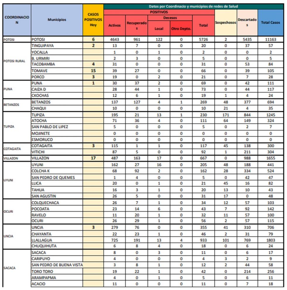 Reporte departamental del Sedes Potosí