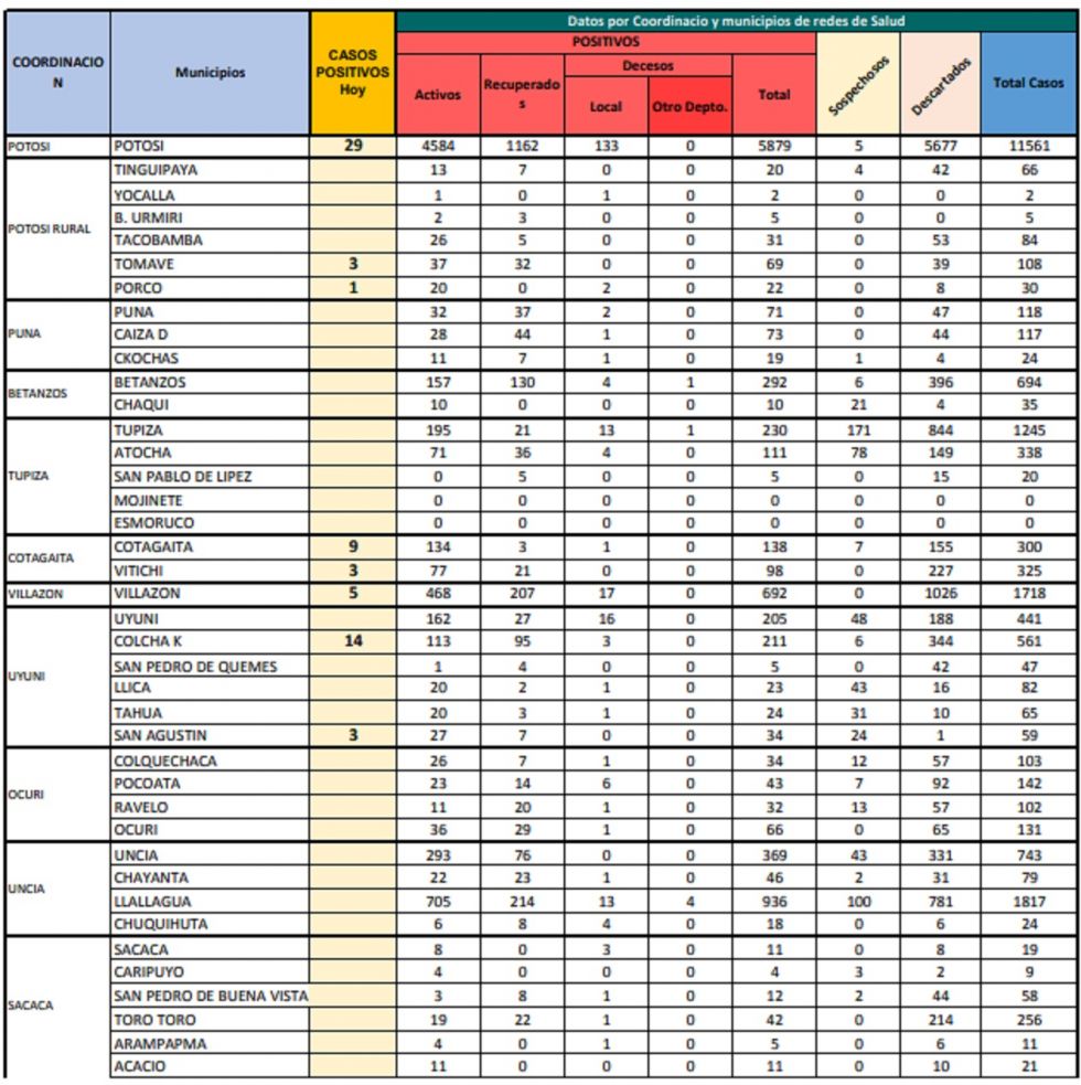 Reporte departamental del Sedes Potosí