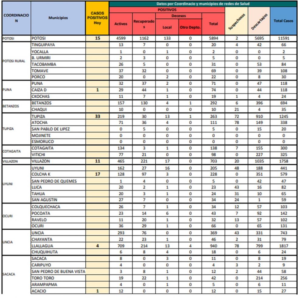 Reporte departamental del Sedes Potosí
