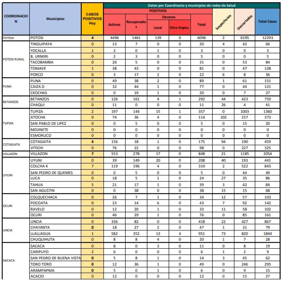 Reporte departamental del Sedes Potosí