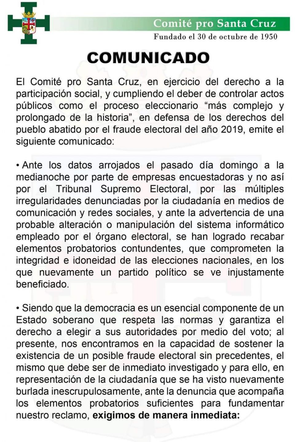 Comunicado del Comité pro Santa Cruz 