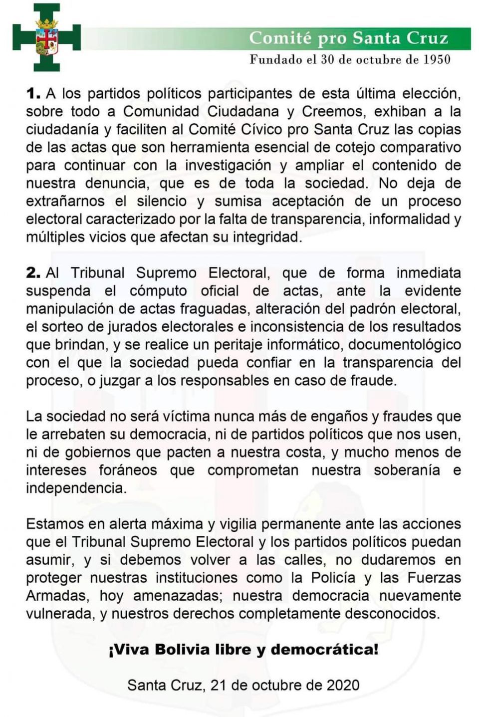 Comunicado del Comité pro Santa Cruz 