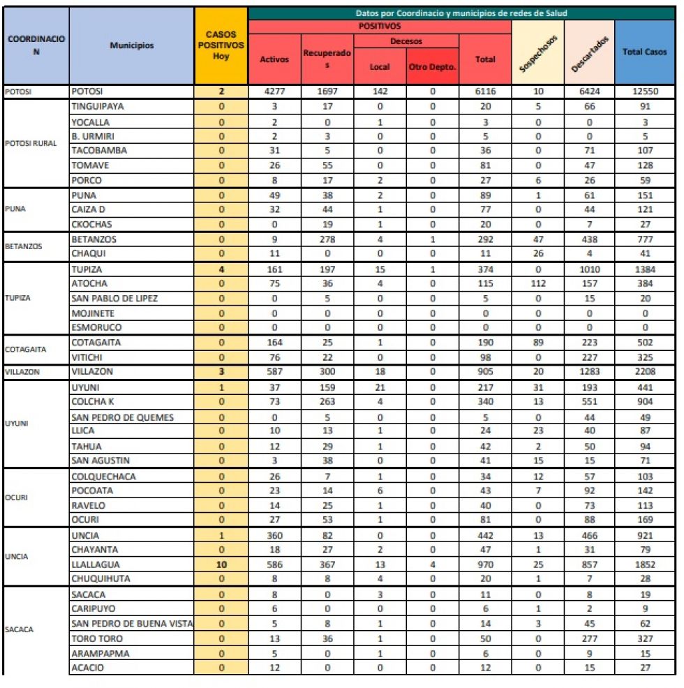 Reporte departamental del Sedes Potosí