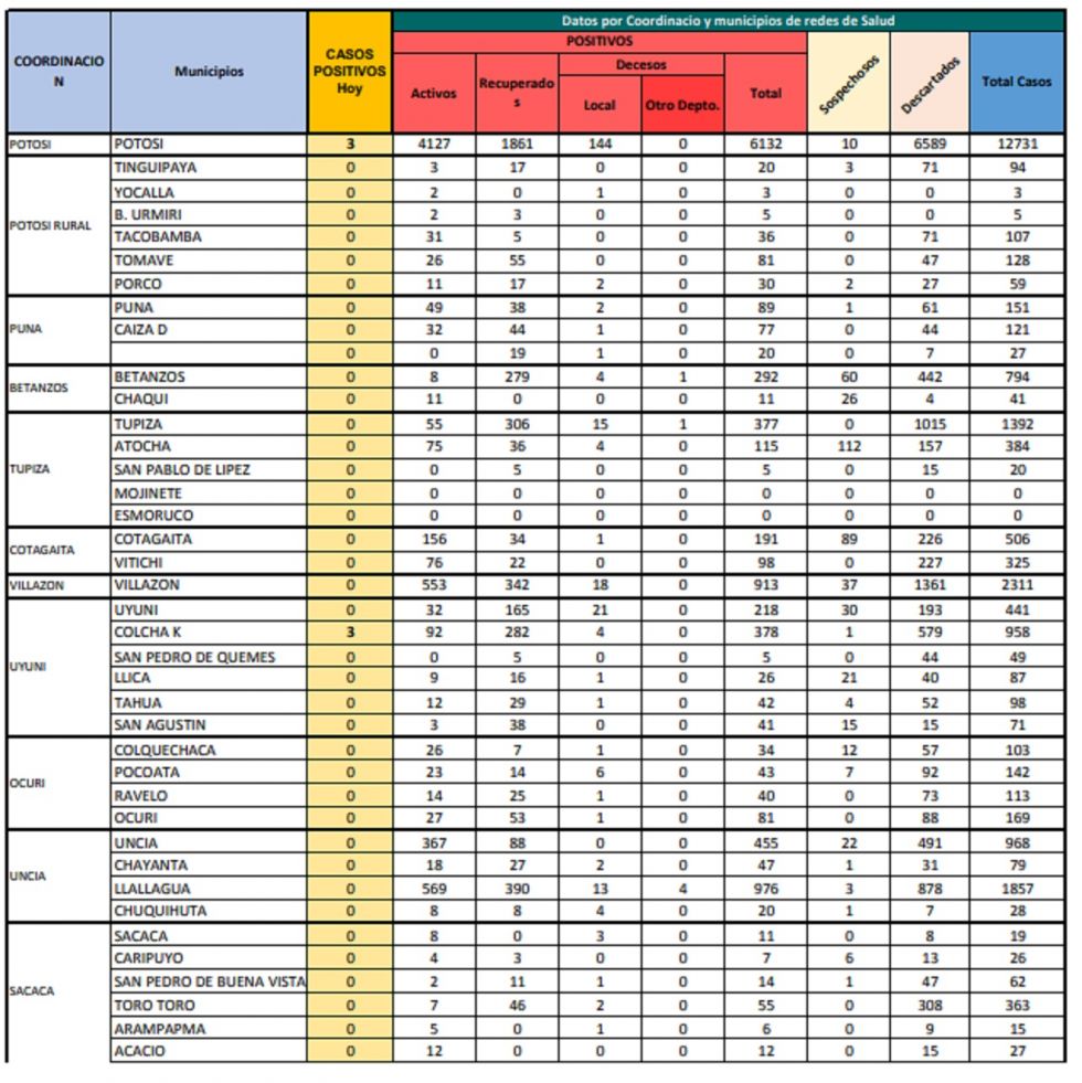 Reporte departamental del Sedes Potosí