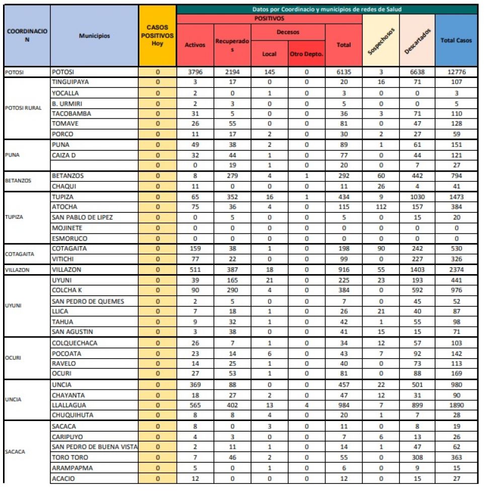 Reporte departamental del Sedes Potosí