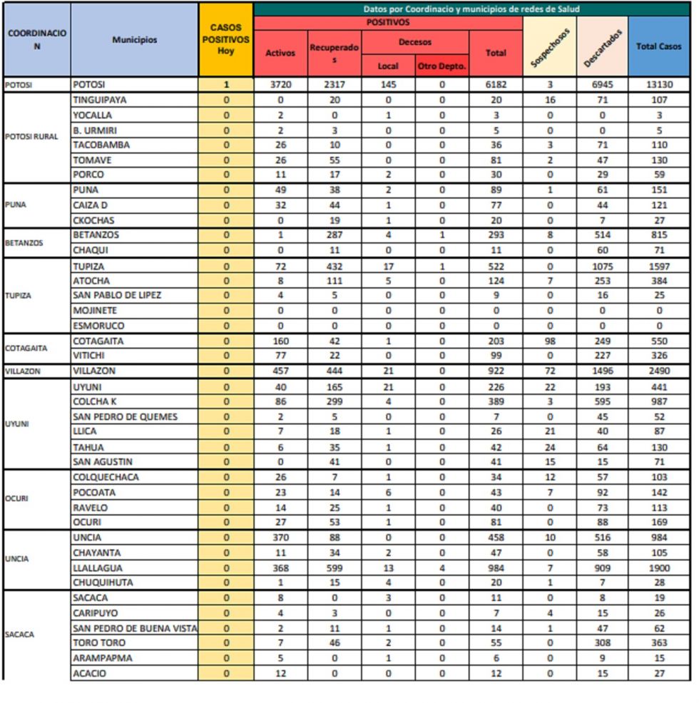 Reporte departamental del Sedes Potosí
