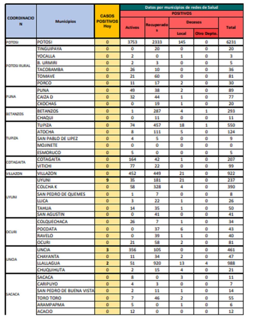 Reporte departamental del Sedes Potosí