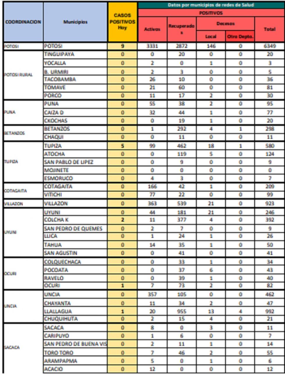 Reporte departamental del Sedes Potosí