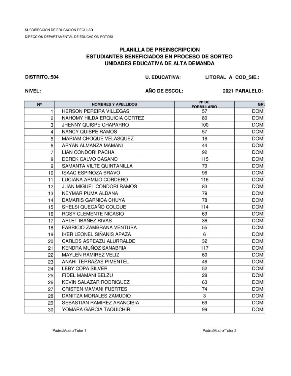 Listas tras el sorteo de cupos ayer. DIRECCIÓN DISTRITAL DE EDUCACIÓN