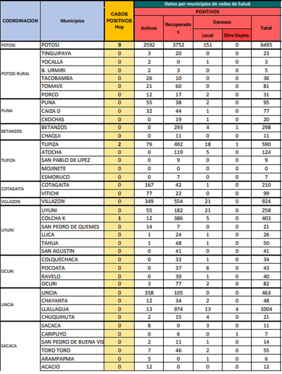 Reporte departamental del Sedes Potosí