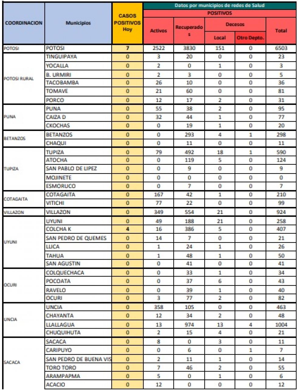 Reporte departamental del Sedes Potosí