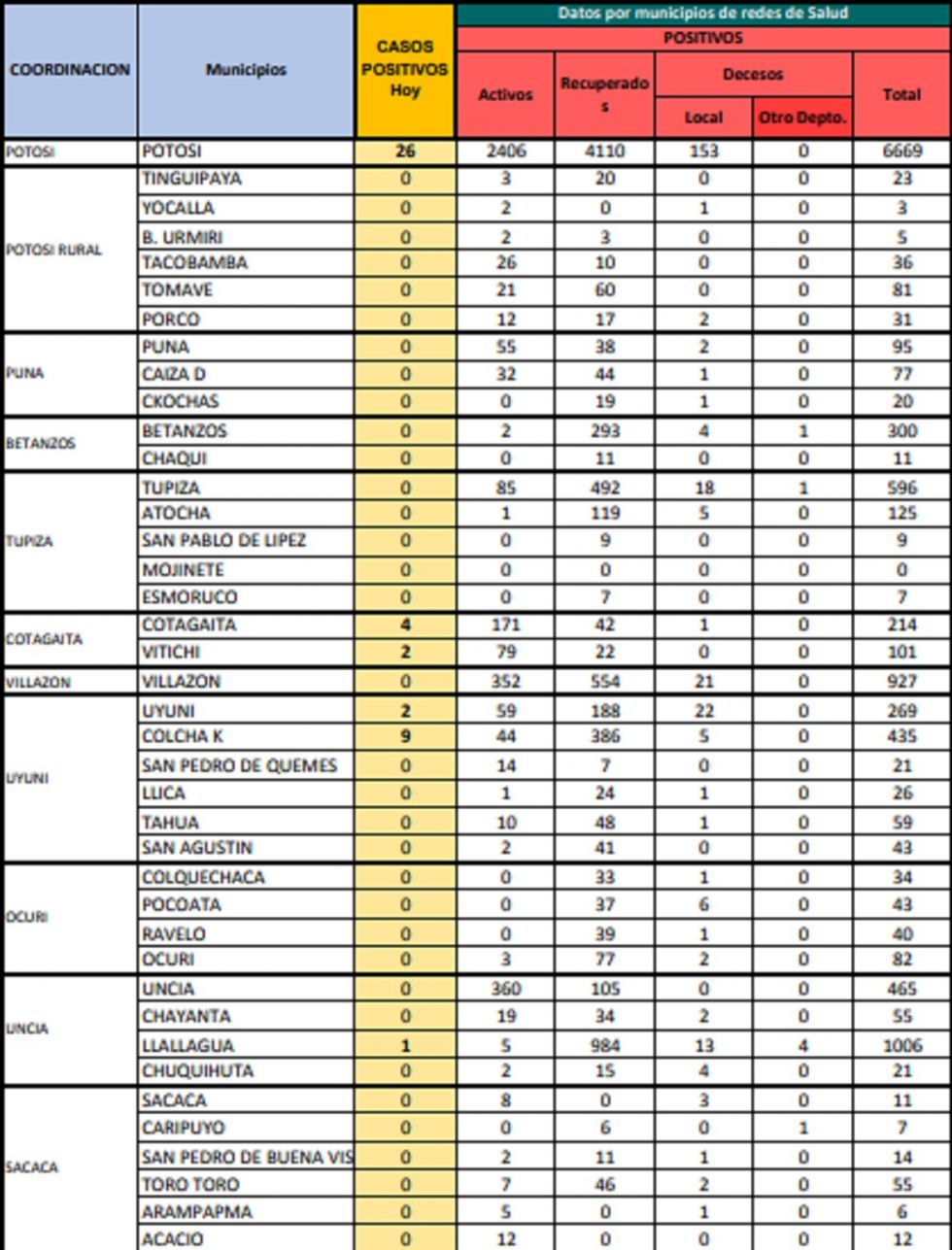 Reporte departamental del Sedes Potosí