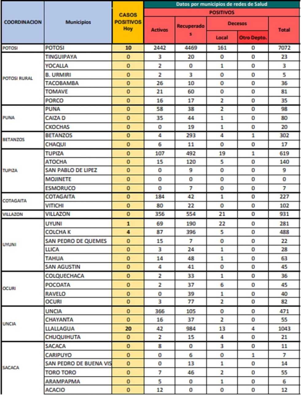 Reporte departamental del Sedes Potosí