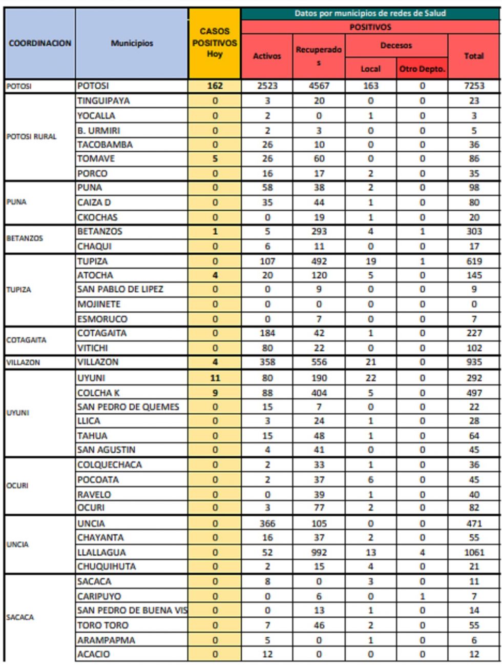 Reporte departamental del Sedes Potosí