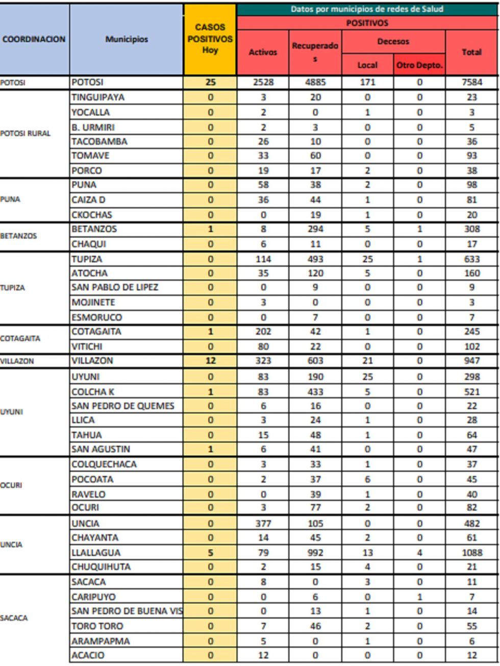 Reporte departamental del Sedes Potosí