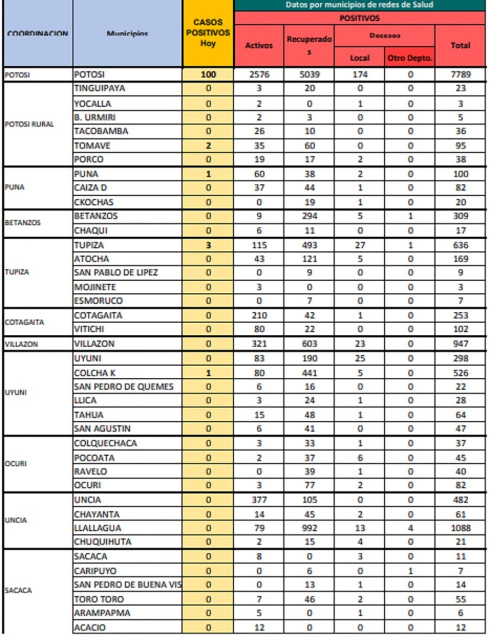Reporte departamental del Sedes Potosí