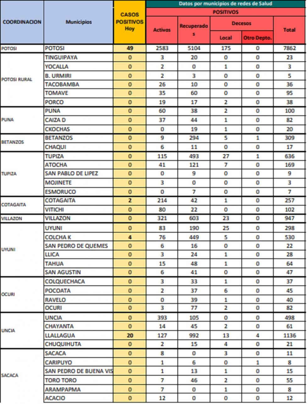 Reporte departamental del Sedes Potosí