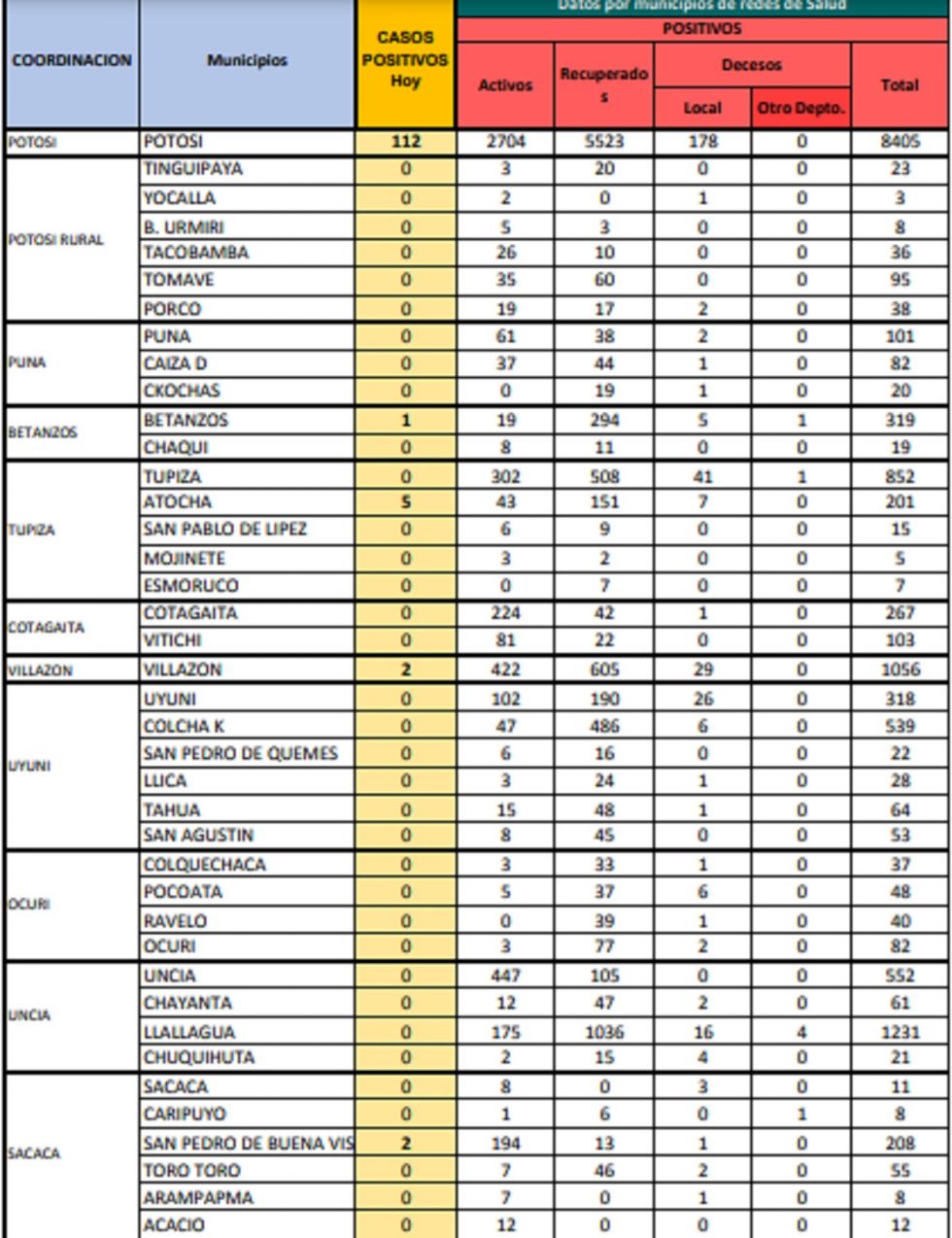 Reporte departamental del Sedes Potosí
