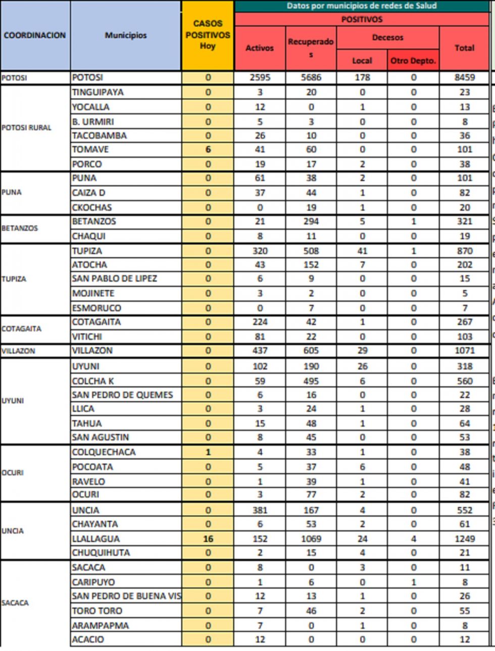 Reporte departamental del Sedes Potosí