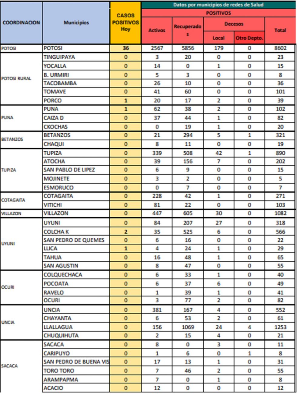 Reporte departamental del Sedes Potosí