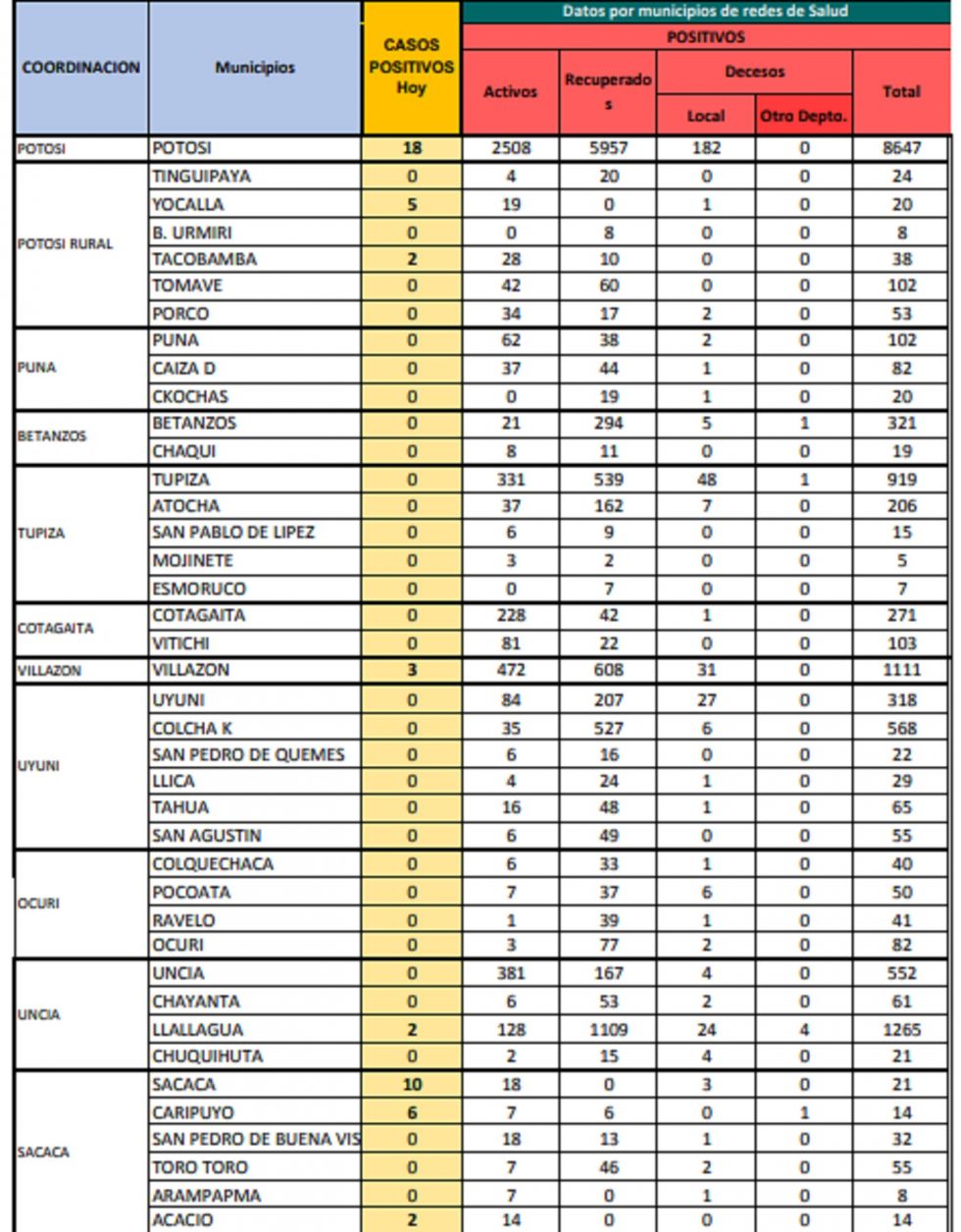 Reporte departamental del Sedes Potosí