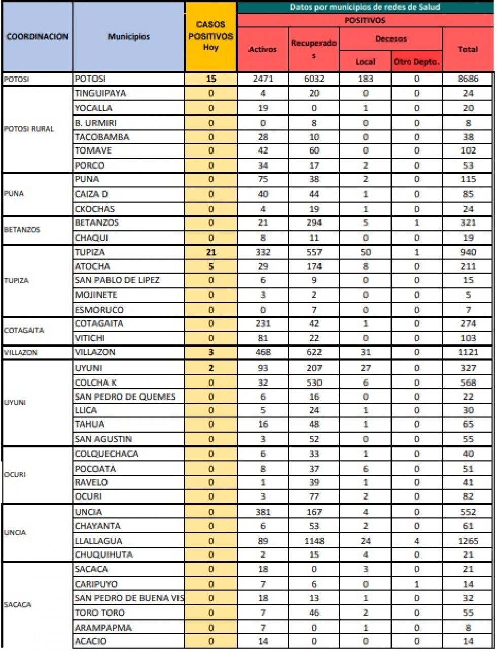 Reporte departamental del Sedes Potosí