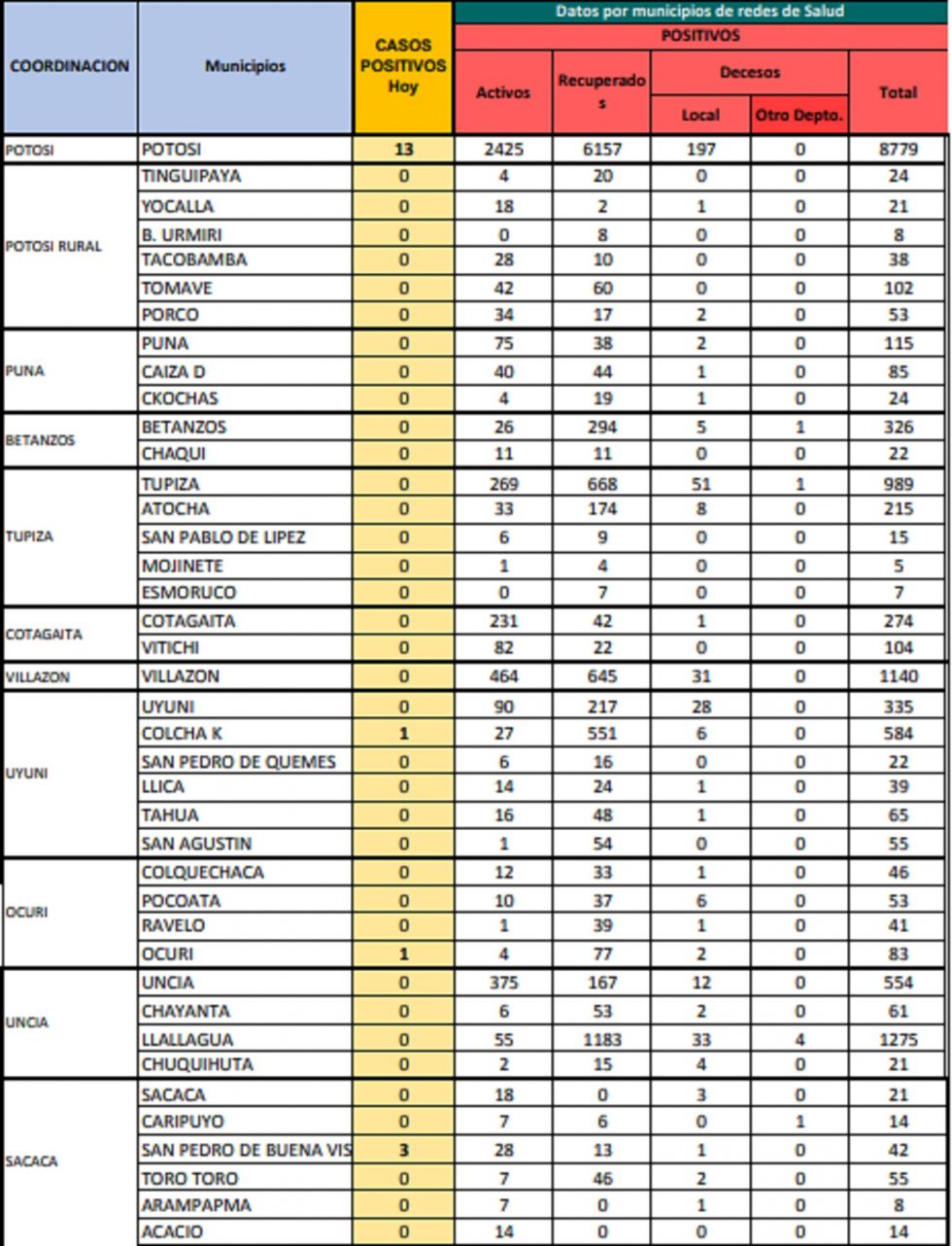 Reporte departamental del Sedes Potosí
