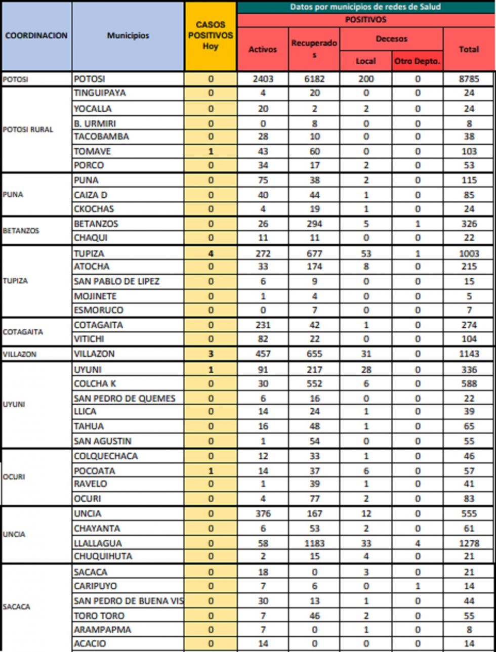 Reporte departamental del Sedes Potosí