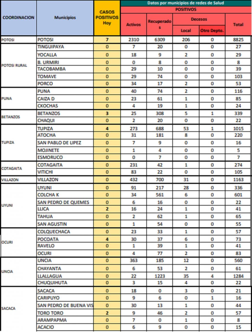 Reporte departamental del Sedes Potosí
