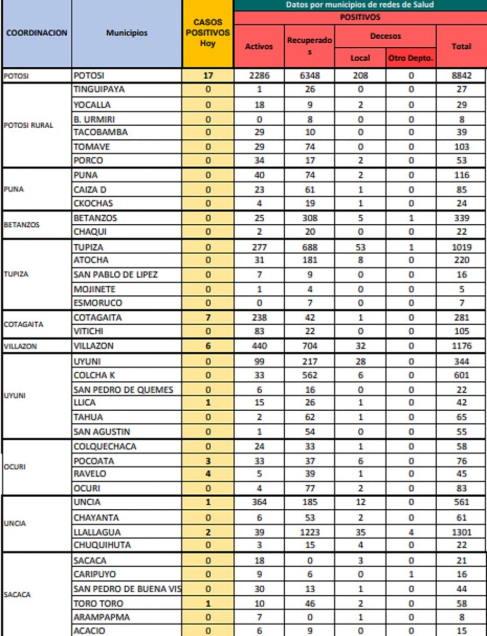 Reporte departamental del Sedes Potosí