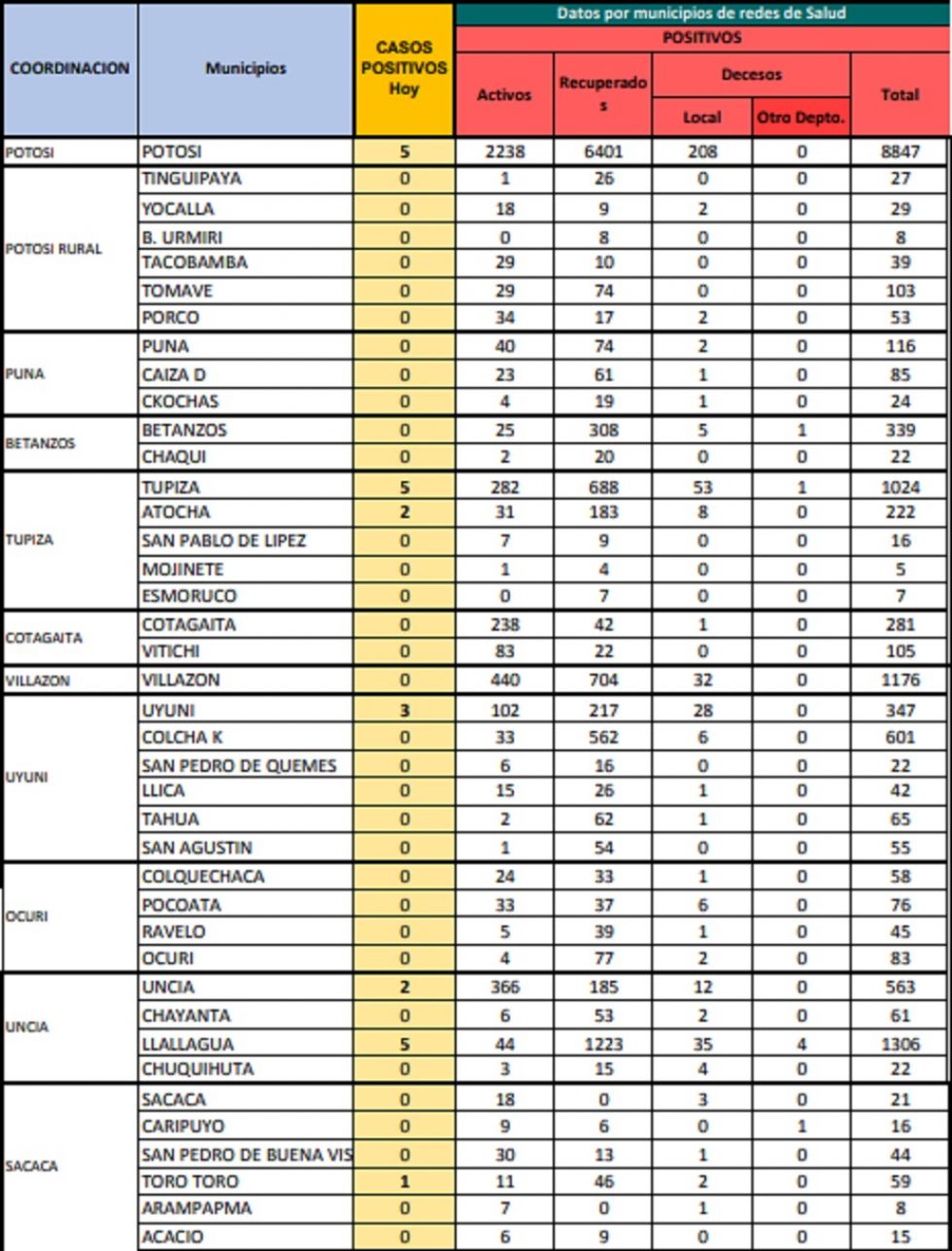 Reporte departamental del Sedes Potosí