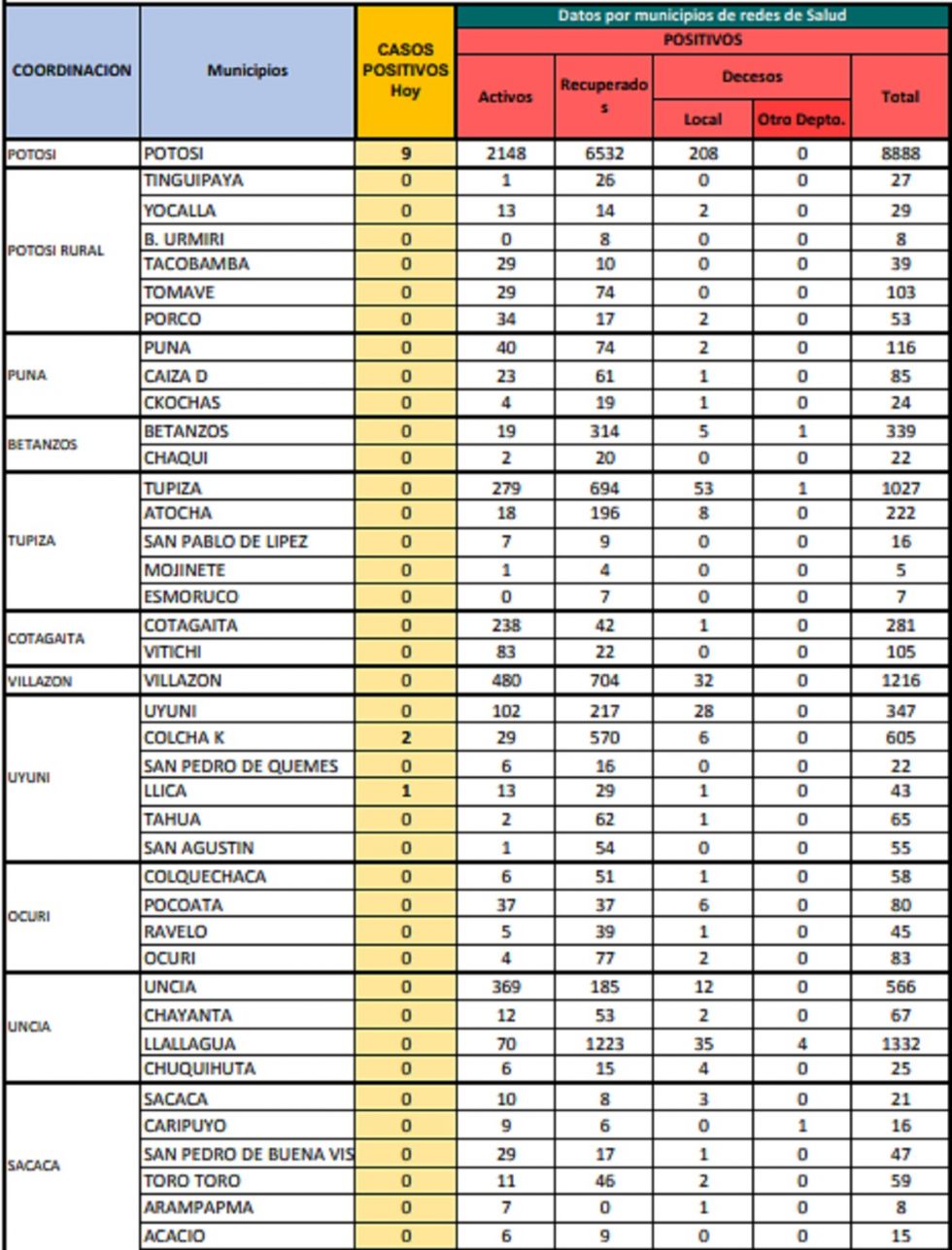 Reporte departamental del Sedes Potosí