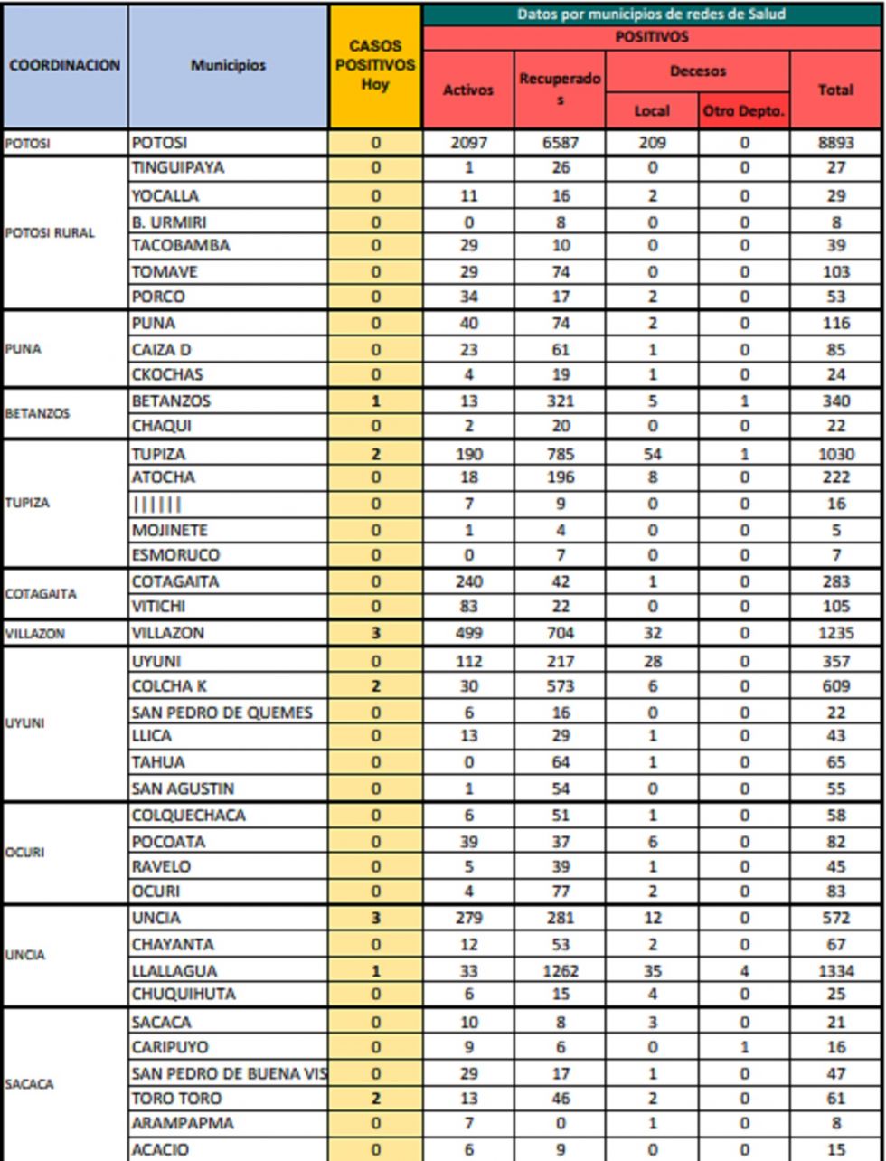 Reporte departamental del Sedes Potosí