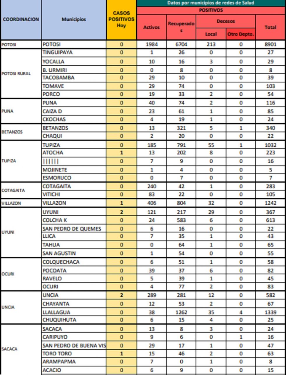 Reporte departamental del Sedes Potosí