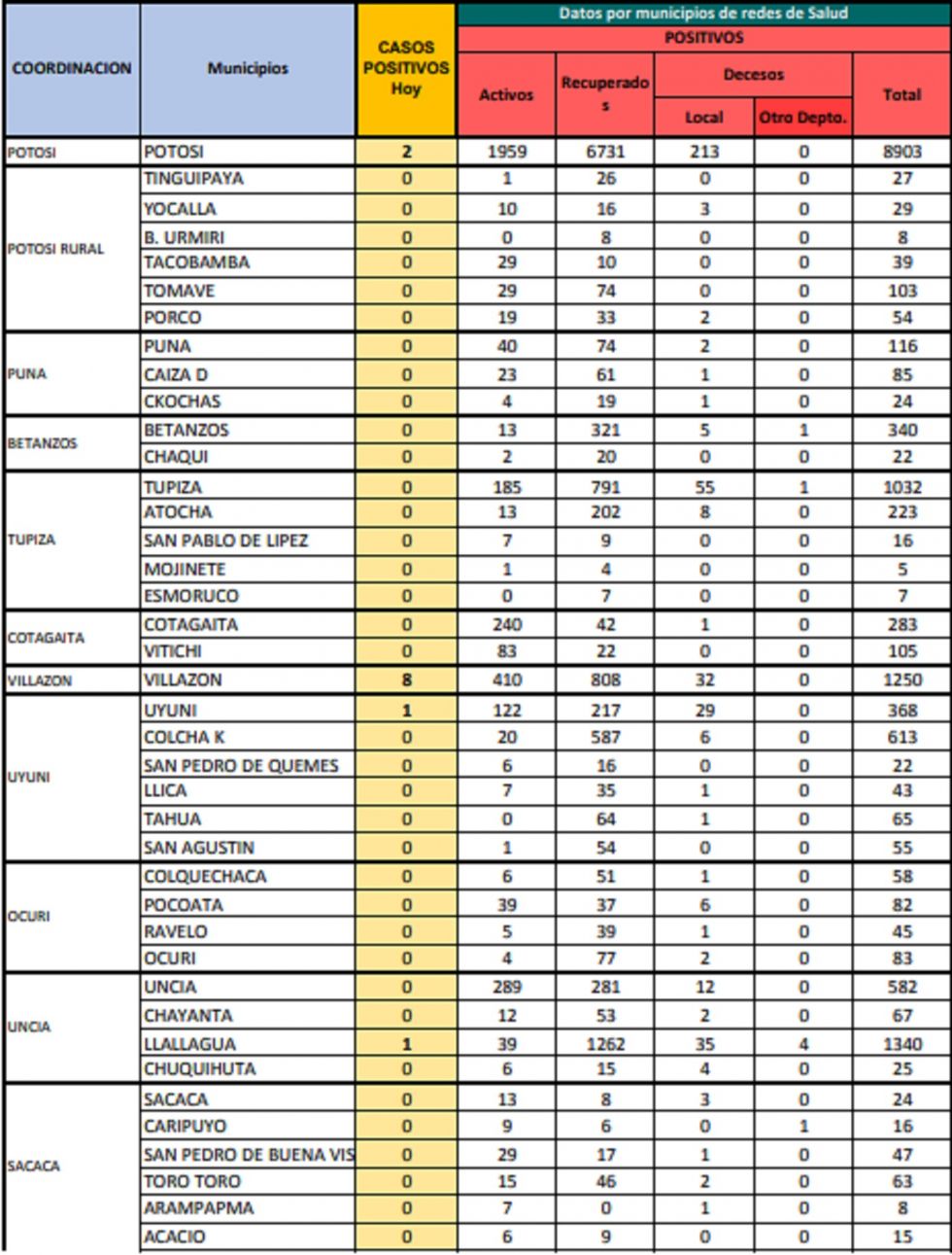 Reporte departamental del Sedes Potosí