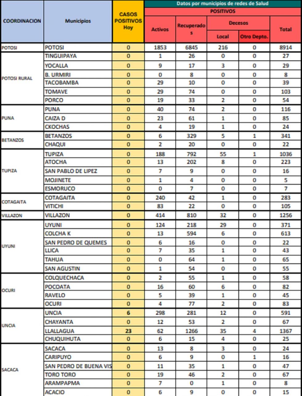 Reporte departamental del Sedes Potosí