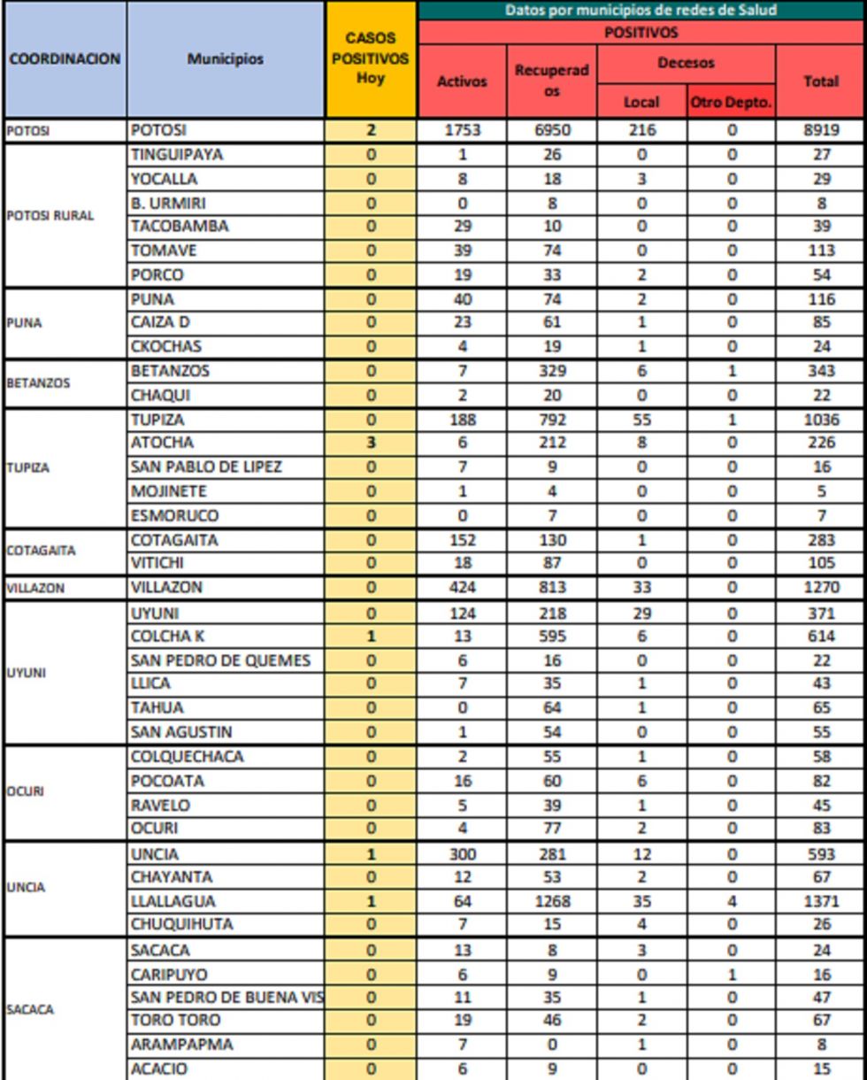 Reporte departamental del Sedes Potosí
