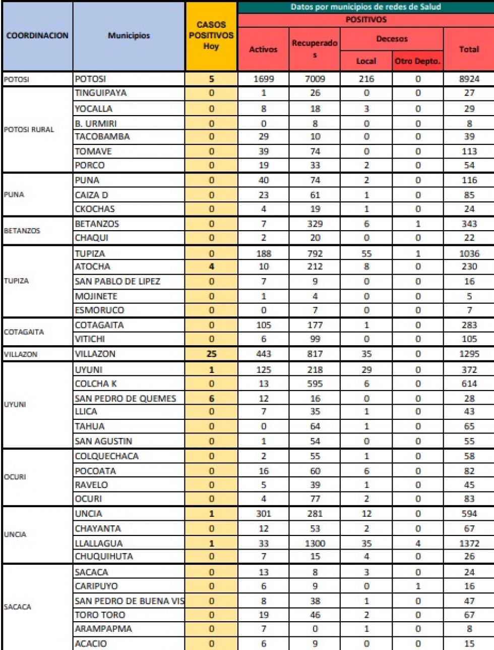 Reporte departamental del Sedes Potosí