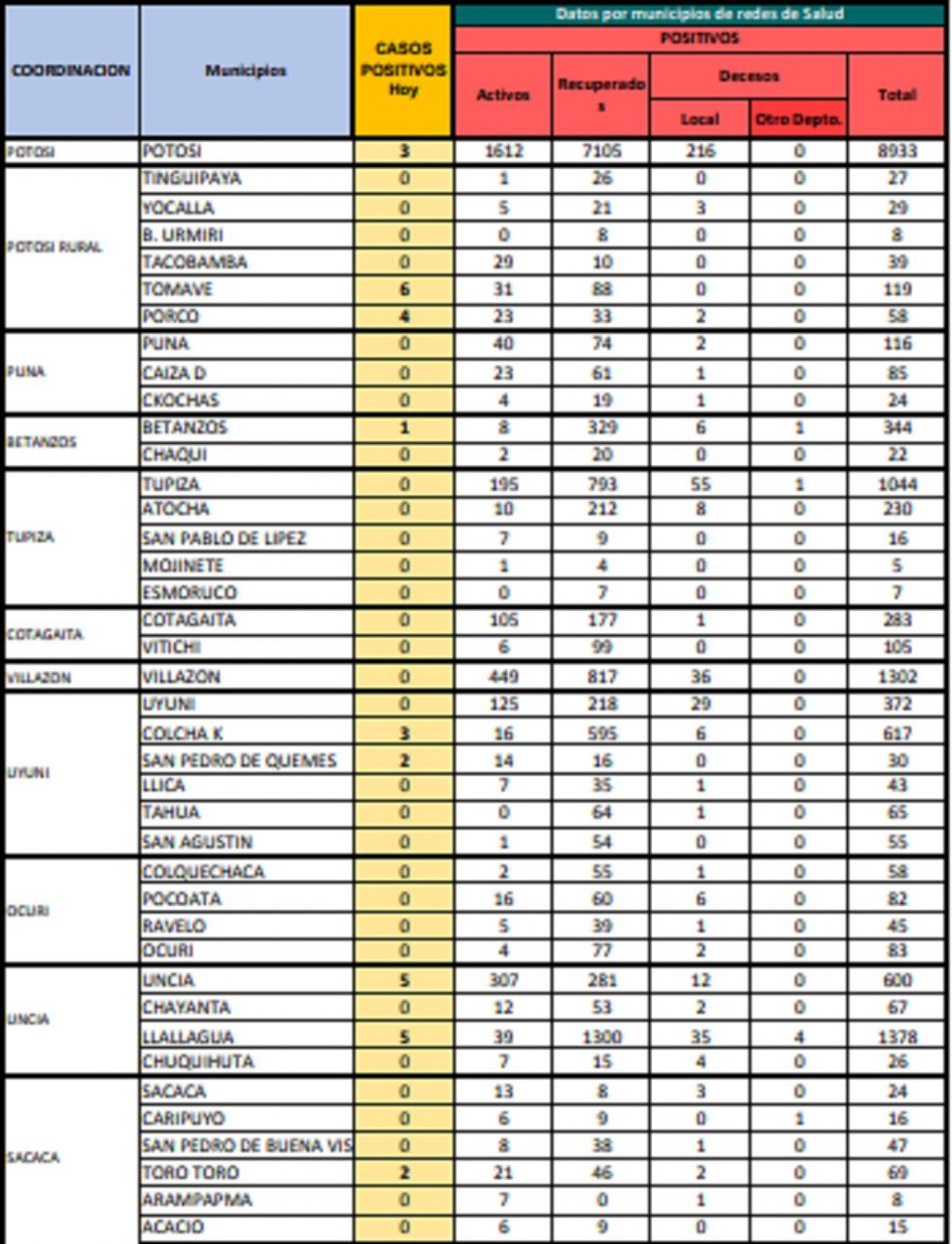 Reporte departamental del Sedes Potosí