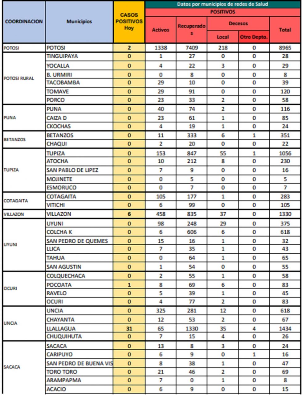 Reporte departamental del Sedes Potosí