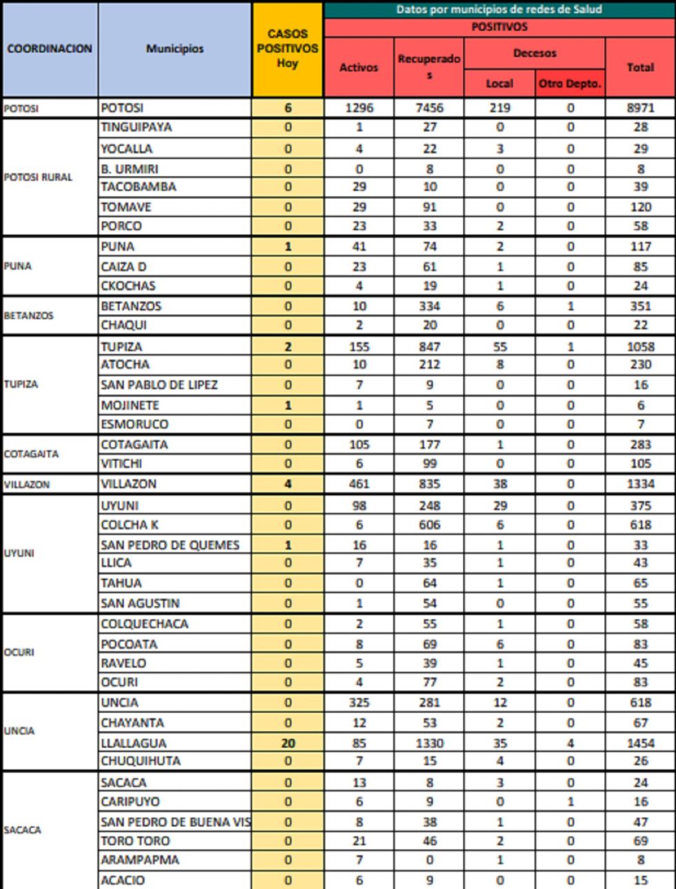 Reporte departamental del Sedes Potosí
