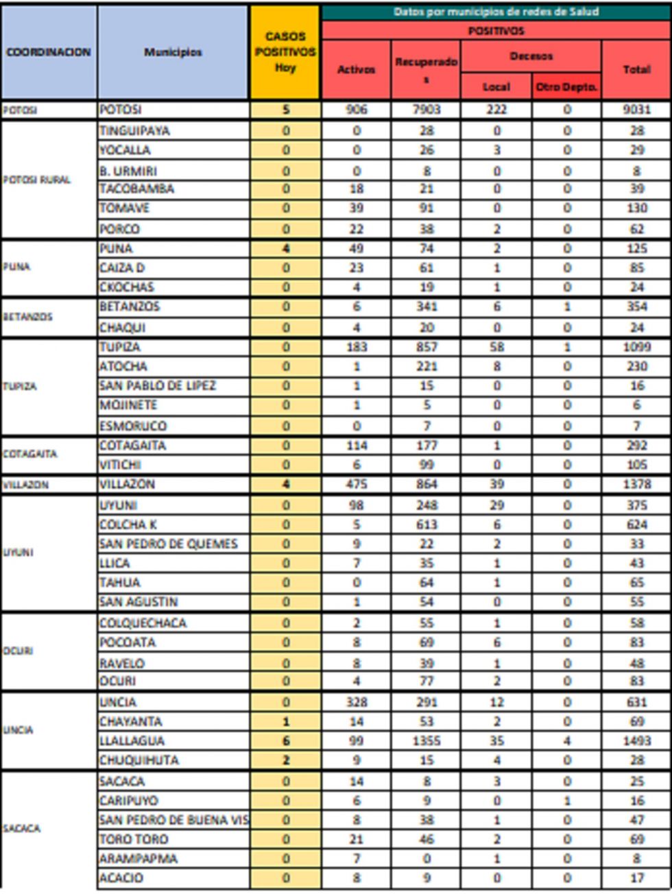 Reporte departamental del Sedes Potosí