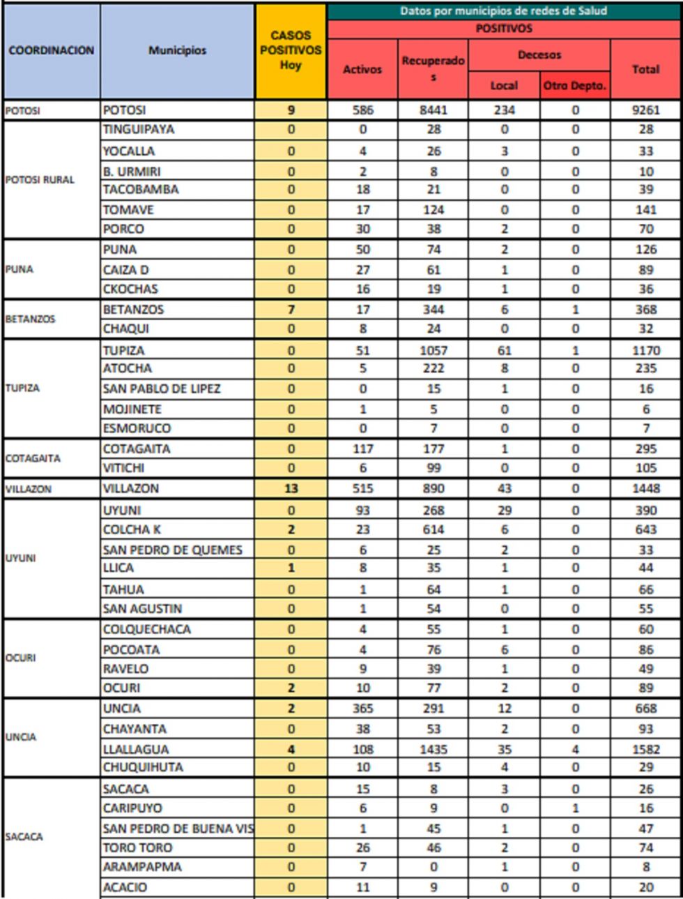 Reporte departamental del Sedes Potosí