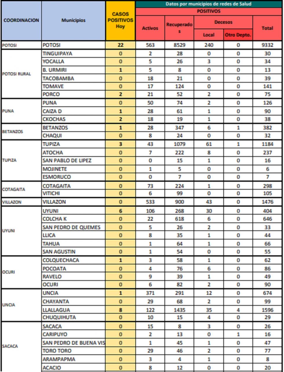 Reporte departamental del Sedes Potosí